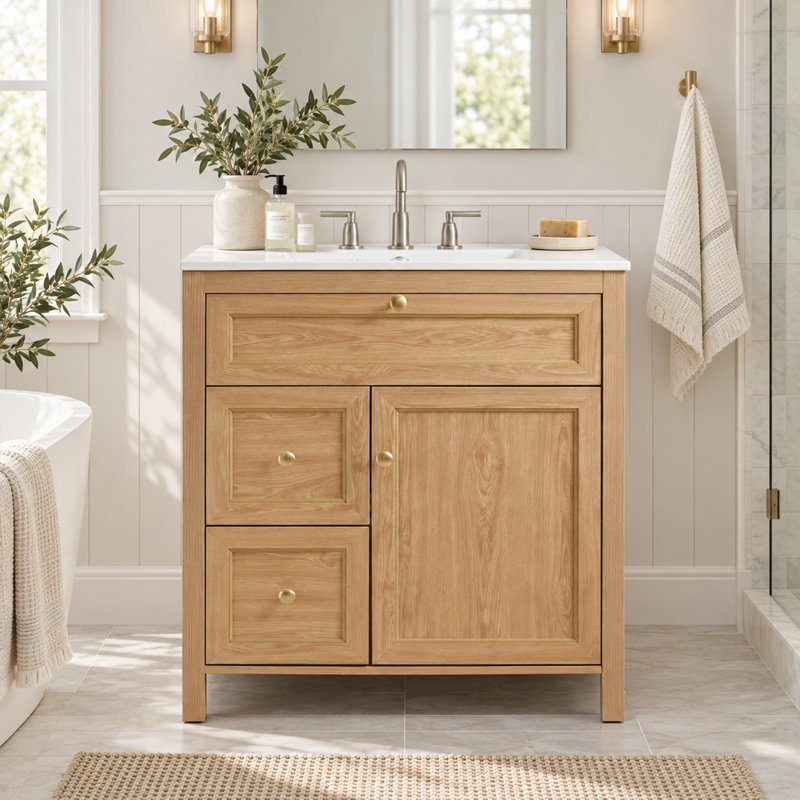 Meuble-lavabo autoportant de 30 po avec lavabo, armoire en bois à fermeture douce, poignées décoratives dorées