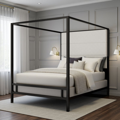  Metal Canopy Bed - Luxe 4-Poster Frame with Linen Upholstered Headboard