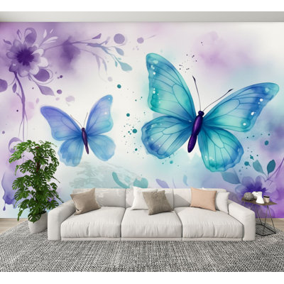 Papier peint auto-adhésif avec papillons bleus et mauves, aquarelle et fleurs, H 100 po x l 144 po, papier peint amovible en PVC, adhésif mural pour chambre à coucher, bureau à domicile