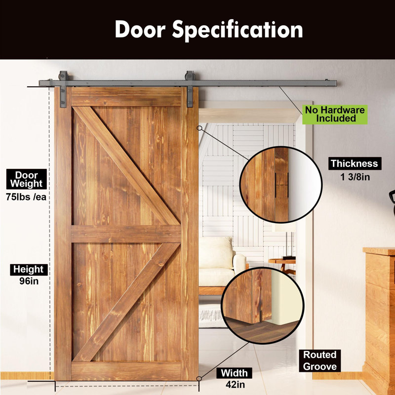 96'' Solid Wood Semi-Gloss without Installation Hardware Kit Barn Door, 42" x 96"