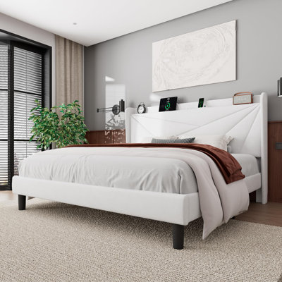 Feonase King Size Upholstered Bed Frame With Charging Station And Wingback Storage Headboard (white)