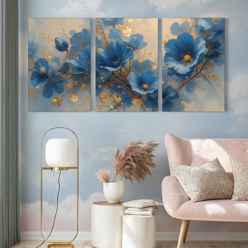 Tableau sur toile tendue à motif floral bleu avec accents dorés (paquet de 3), H 24 po x l 48 po
