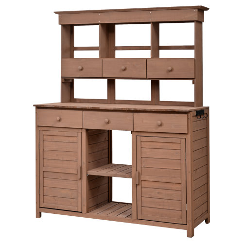 Banc de rempotage en bois de sapin 65,7 ", 6 tiroirs + 2 armoires + 3 tablettes, brun, Brun