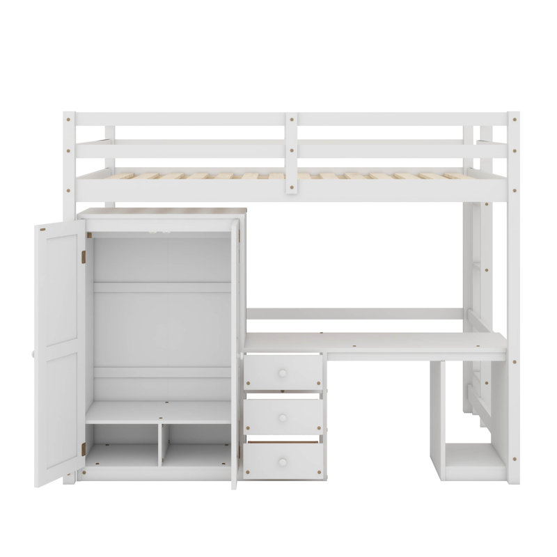 Lit mezzanine avec garde-robe, bureau et tiroirs de rangement, Simple, Blanc