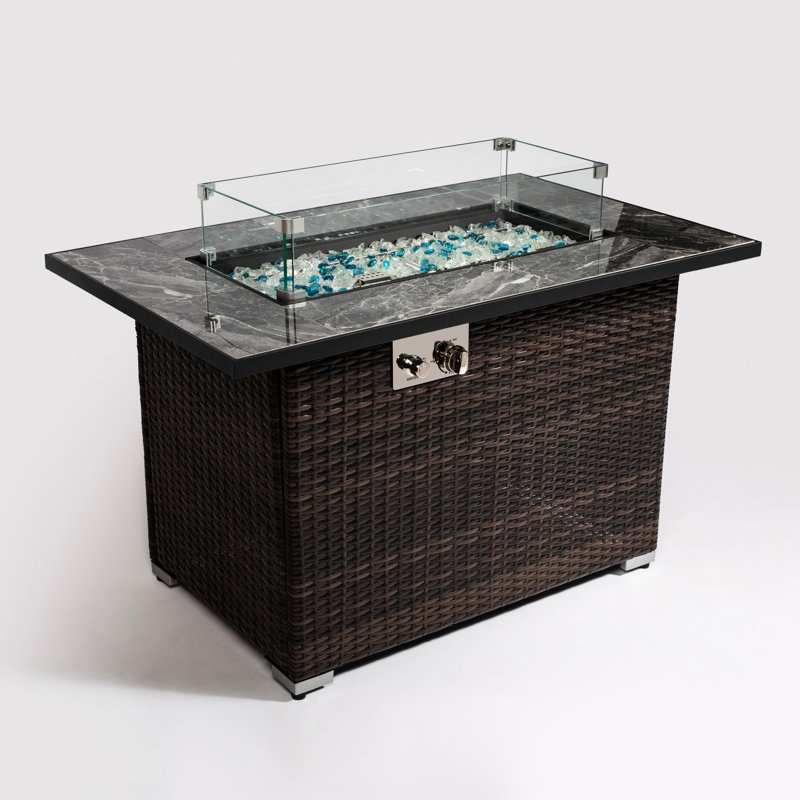 Outdoor Fire Pit Table With Ceramic Tabletop, 44Inch Propane, 50000Btu, Rectangular , Lid, Rain Cover, Glowing Glass Rocks, 50000Btu Gas Top, Propane Pit, Brilliant Dark Brown