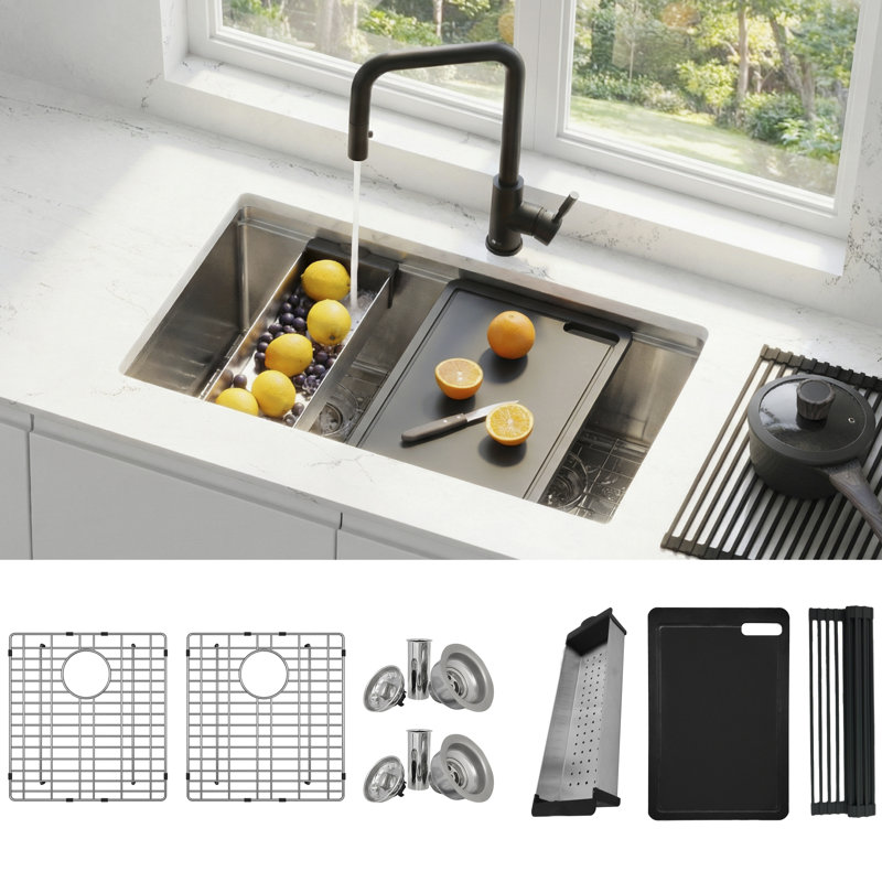 Completo Stylish Dual-Mount 30" Double-Bowl Stainless Steel Workstation Kitchen Sink