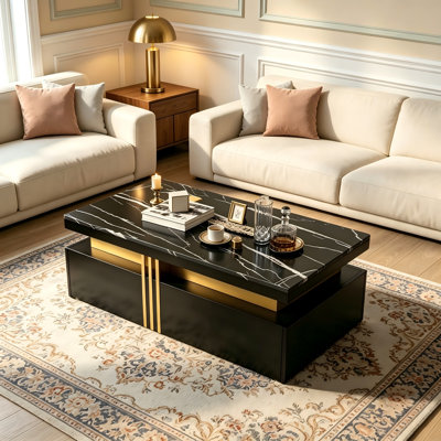 Modern Marble White Coffee Table With Gold Trim, Storage Centre Table With Drawers For Living Room