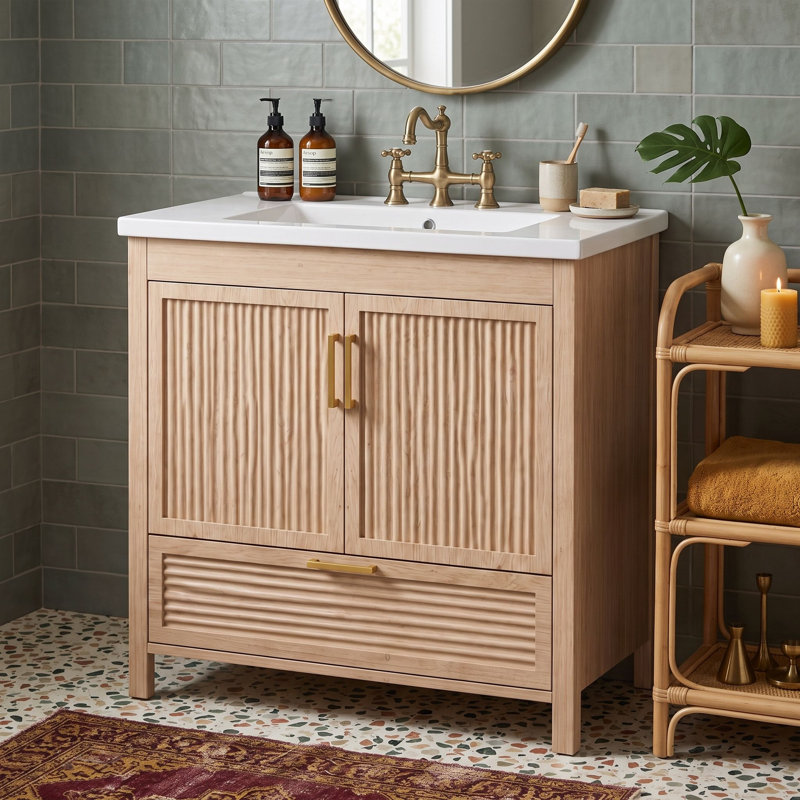 Freestanding Standard Free Standing Single Double Single Vanity Bathroom Vanity With Resin Top, Wood