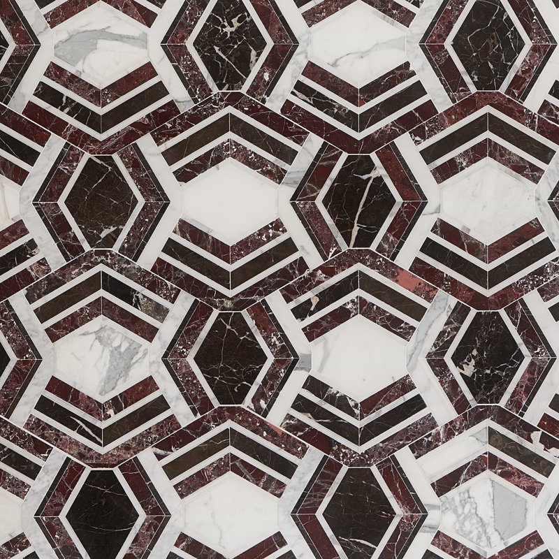 Mezzo 11x18 Polished Calacatta Marble Mosaic Tile, Bordeaux Polished
