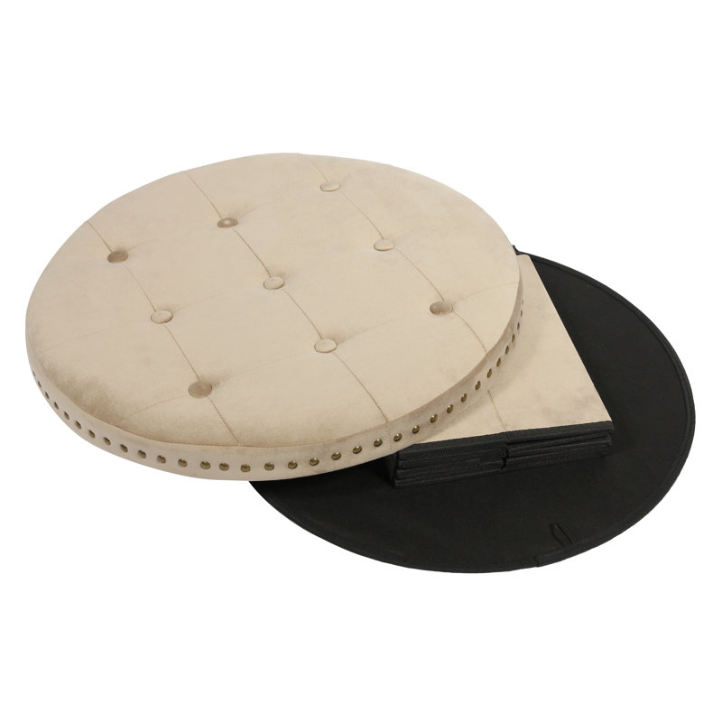 Evony 58cm Wide Velvet Tufted Round Solid Colour Ottoman with Storage, Brown