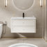 Meuble-lavabo flottant moderne 36 po avec comptoir en résine intégré, meuble-lavabo mural courbé avec 2 tiroirs et quincaillerie en laiton