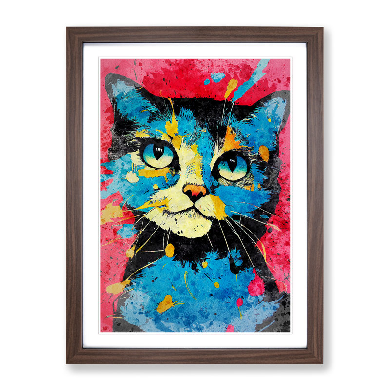 Paint Splat Cat No.5 - Framed Print, 64cm H x 46cm W x 2cm D, Walnut