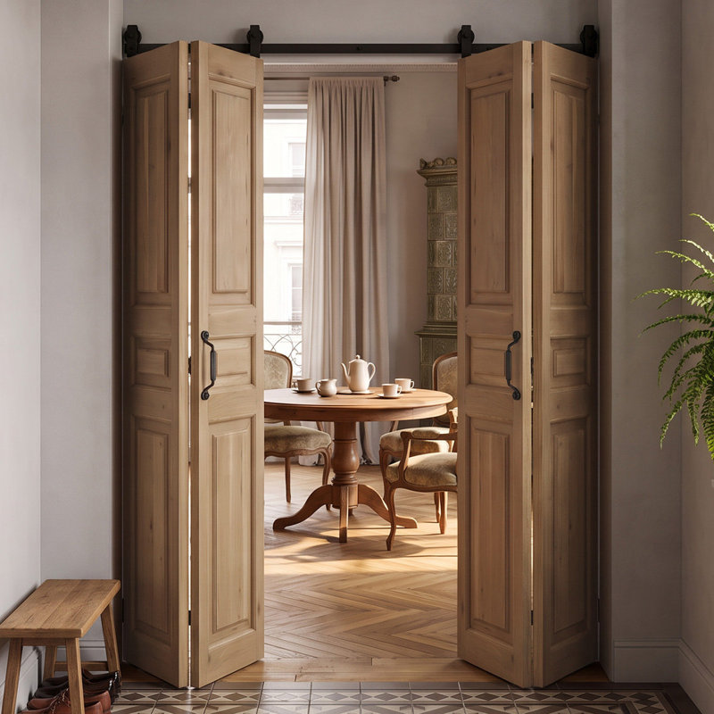 Double Bi-Folding System Solid Oak Barn Door UMBRIA, Cashmere