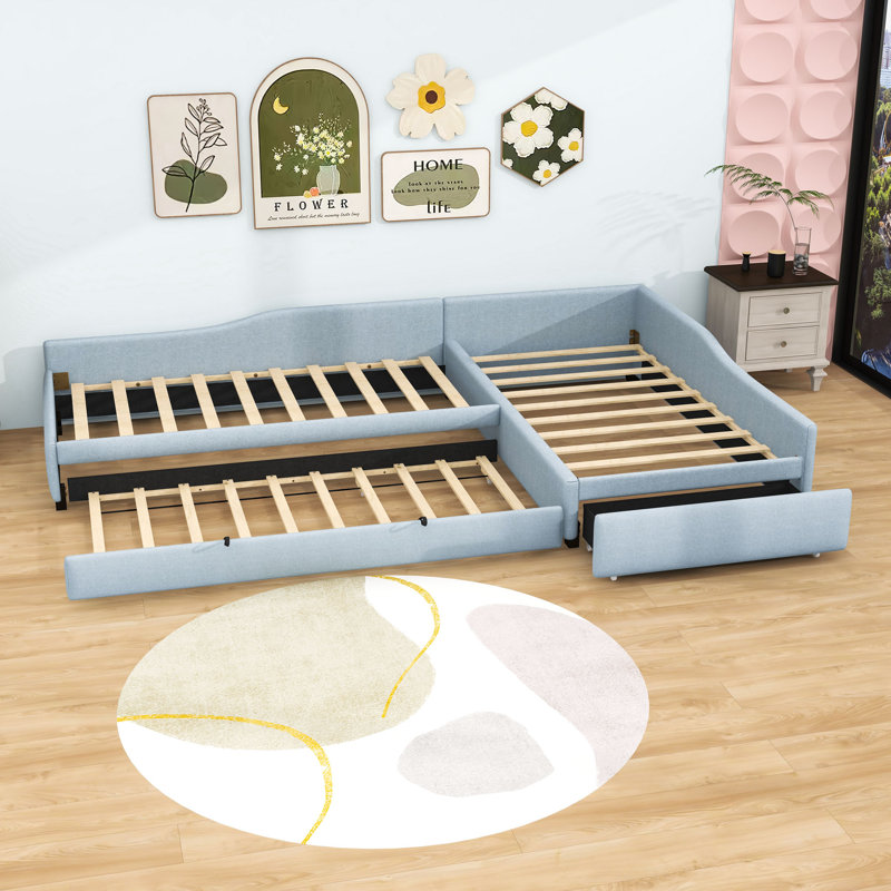 Double Twin Size Upholstered Daybed with Twin Trundle and Drawer, Beige