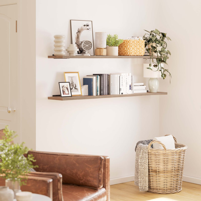 Bibliothèque flottante de 60 po de long pour le salon, tablettes suspendues pour le mur, décor rustique et bohème, tablettes en bois, 10 po de profondeur, 2 pièces, brûlé