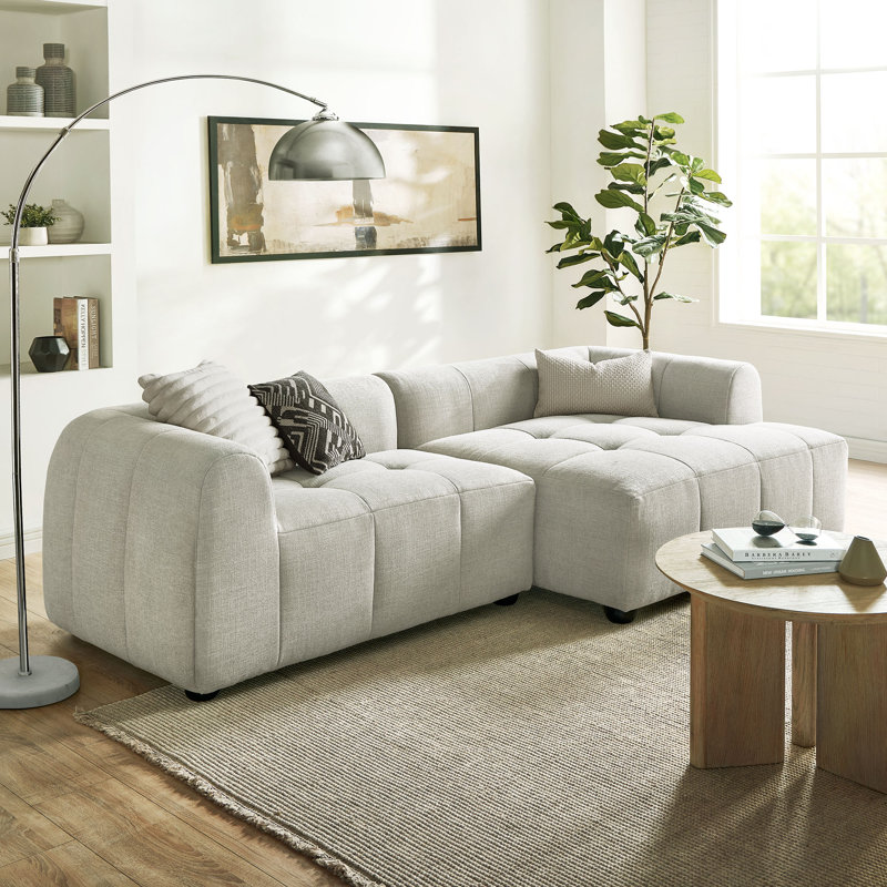 Canapé modulaire en tissu avec méridienne Liana, Tissu beige, Faisant face à la droite