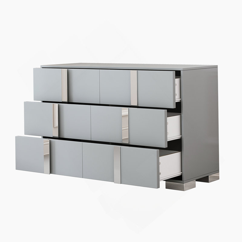 Commode élégante avec poignée en métal, armoire de rangement à miroir avec 6 tiroirs, gris