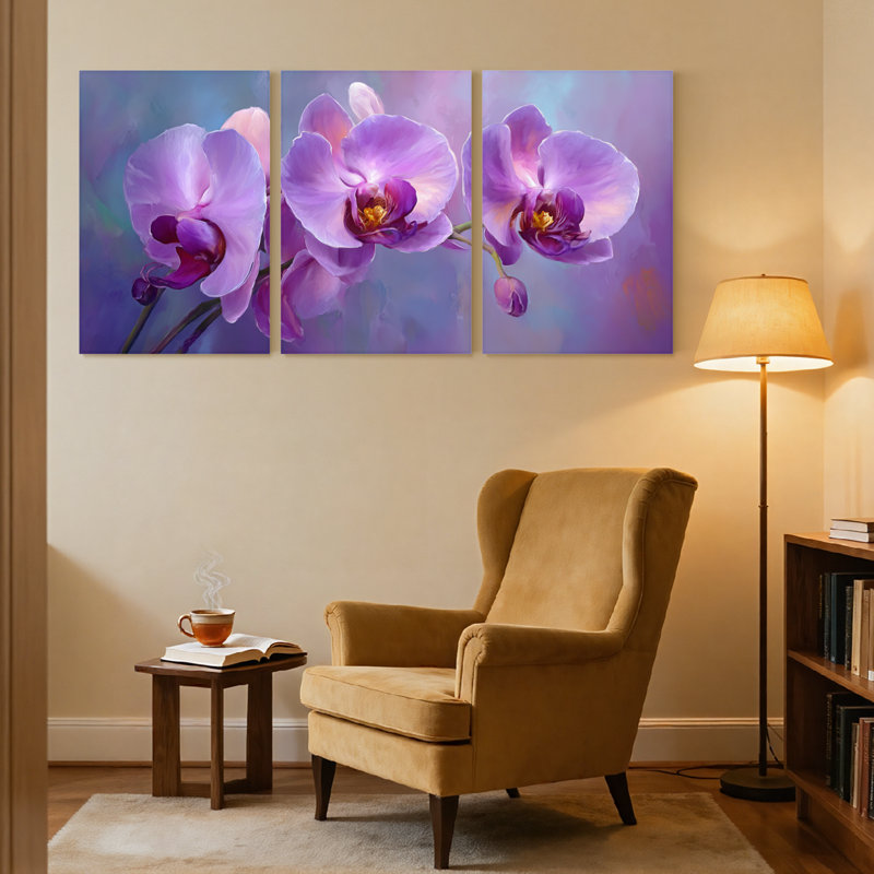 Plantes et fleurs, orchidée mauve, ensemble de 3 reproductions d'art sur toile, H 24 po x l 48 po