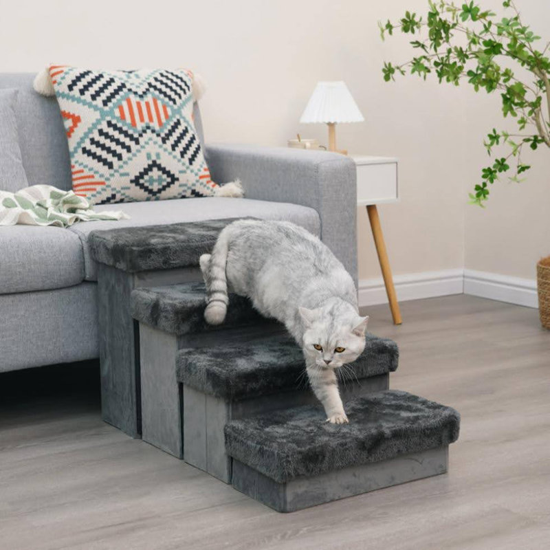 Charcoal Plush 4-Level Pet Stairs with Storage
