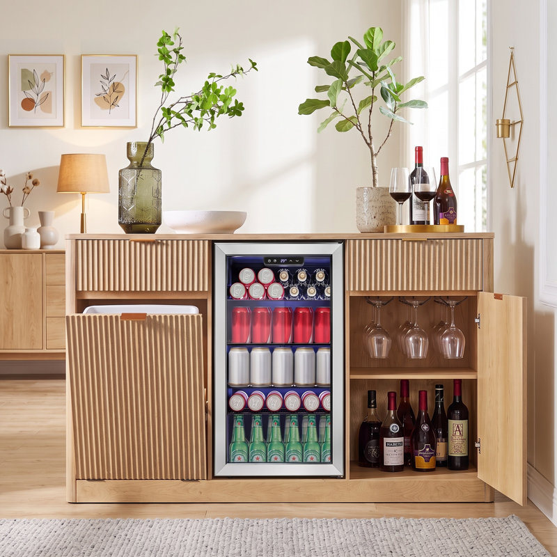 Armoire-bar avec mini-réfrigérateur Bargamin et poubelle inclinable Bargamin, Naturel