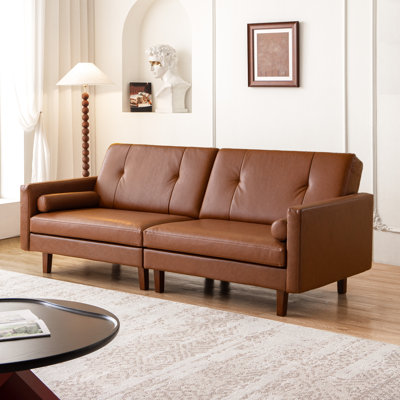 86.6"W Leather Sofa Loveseat with Pillows for Lumbar Support, Mid-century Modern Oversized 3-seater Tufted Upholstered Sleeper Couch with Square Arm, Brown Sectional Sofa for Living Room