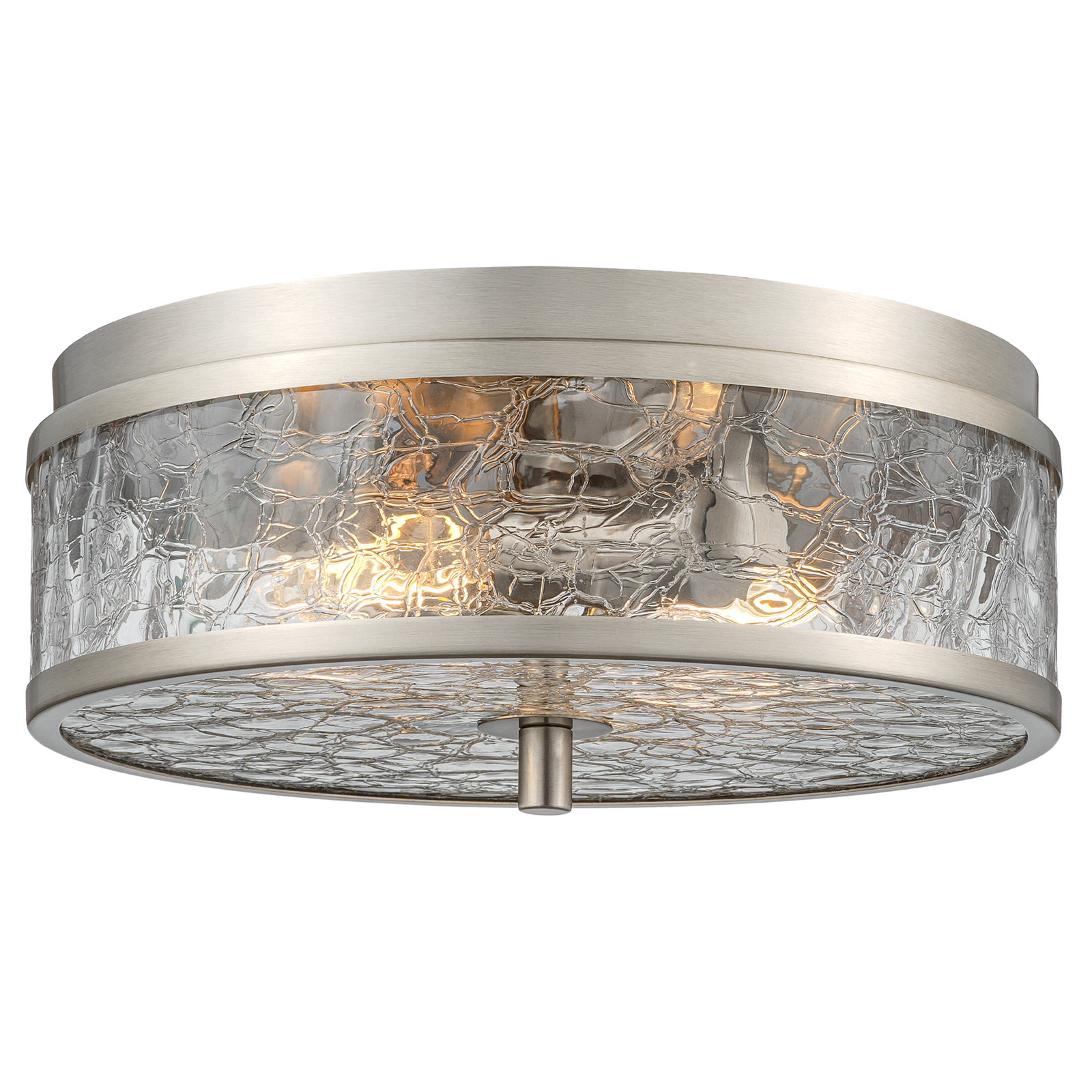 2-Light 12” Flush Mount Ceiling Light With Crackle Glass Shade, Brushed Nickel