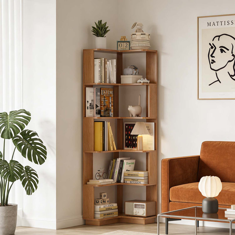 6 Tier Freestanding Bookshelf for Efficient Space Utilization in Living Rooms and Bedrooms, Dark Oak