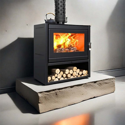 Black fireplace A metal wood-burning fireplace