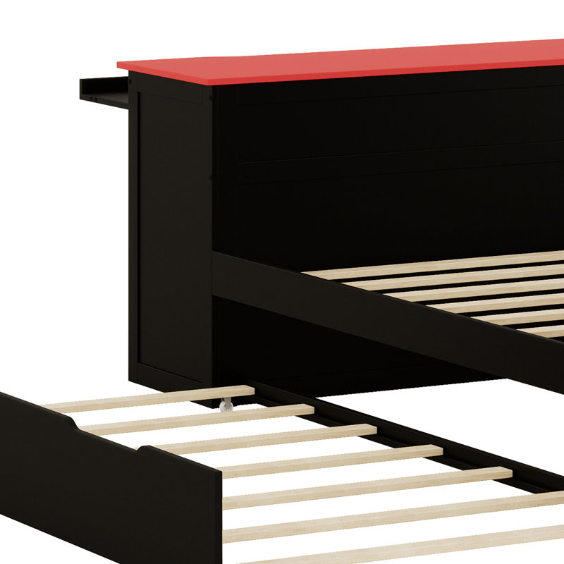 Lit de jour moderne avec lit gigogne et bureau intégré, Noir / Rouge