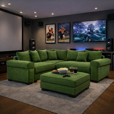 Oversized Modular Home Theater Sofa with Chaise, Soft Corduroy Upholstery, Deep Seating Comfort, Extra-Wide Armrests, Movable Ottoman by Everly Quinn