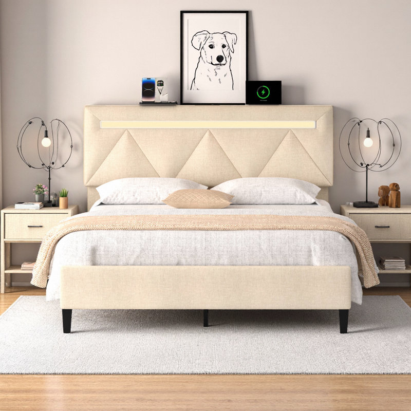 Structure de lit double rembourrée avec tête de lit - Station de charge USB, lumières DEL RVB, hauteur réglable, conception silencieuse, aucun sommier tapissier nécessaire