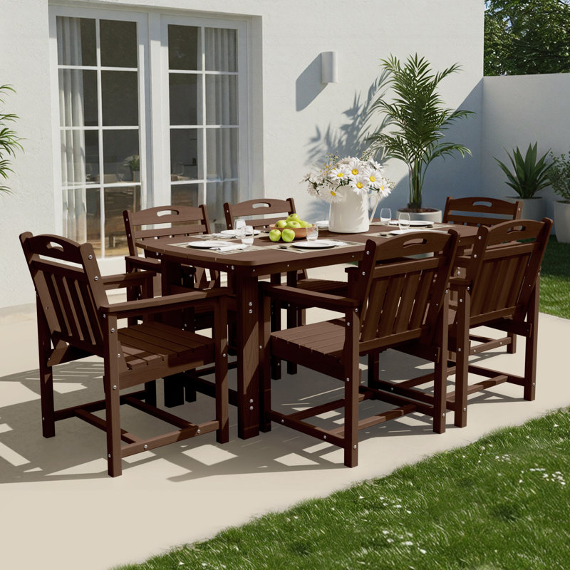 7-Piece 6-Person Rectangular Long Patio Dining Set With Umbrella Hole, Brown