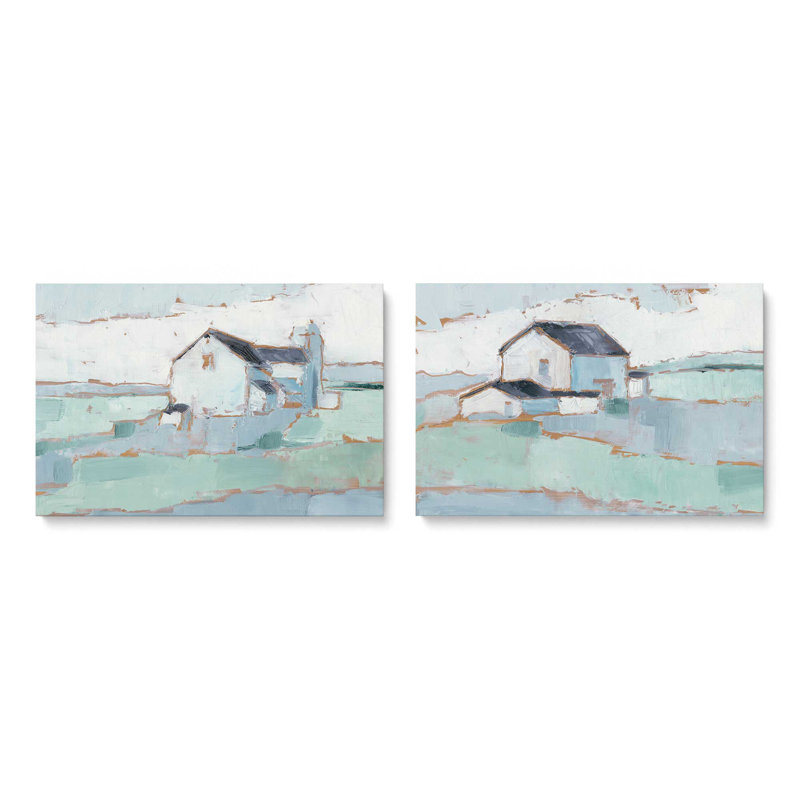 Ensemble de 2 fermes sur des champs ouverts, H 12 po x l 36 po, Toile tendue