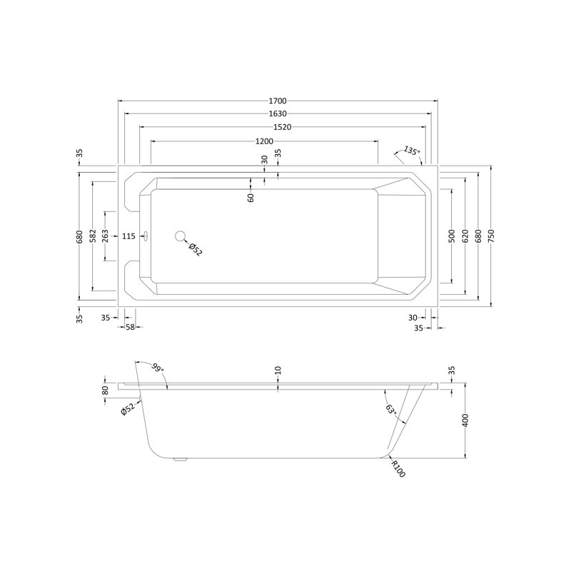 Ascott 1700mm x 750mm Soaking Acrylic Bathtub