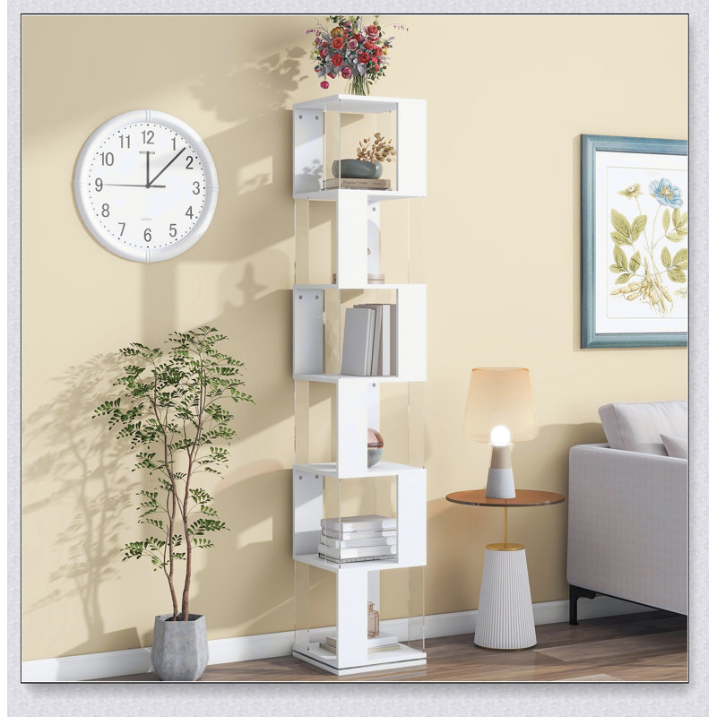 6 tier Rotating Bookshelf, Floor Rack Simple Bookcase  with Acrylic plate Student Multi-Function, White