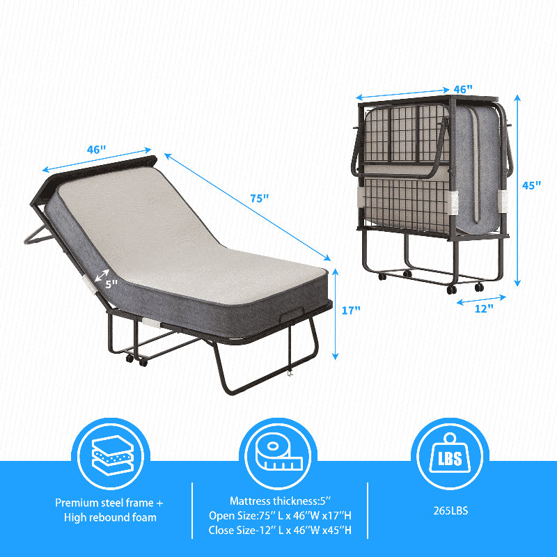 Folding Bed with 5" Foam Mattress, Headboard & Lockable Wheels