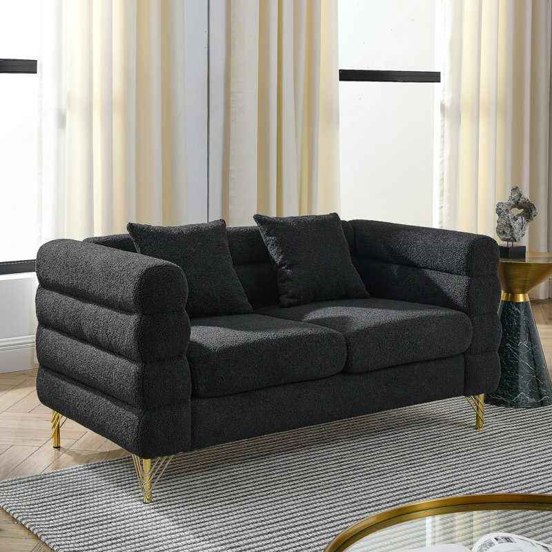 60Inch Oversized 2 Seater Sectional Sofa, Living Room Comfort Fabric Sectional Sofa-Deep Seating Sectional Sofa, Soft Sitting With 2 Pillows For Living Room, Bedroom, Office, Black Teddy