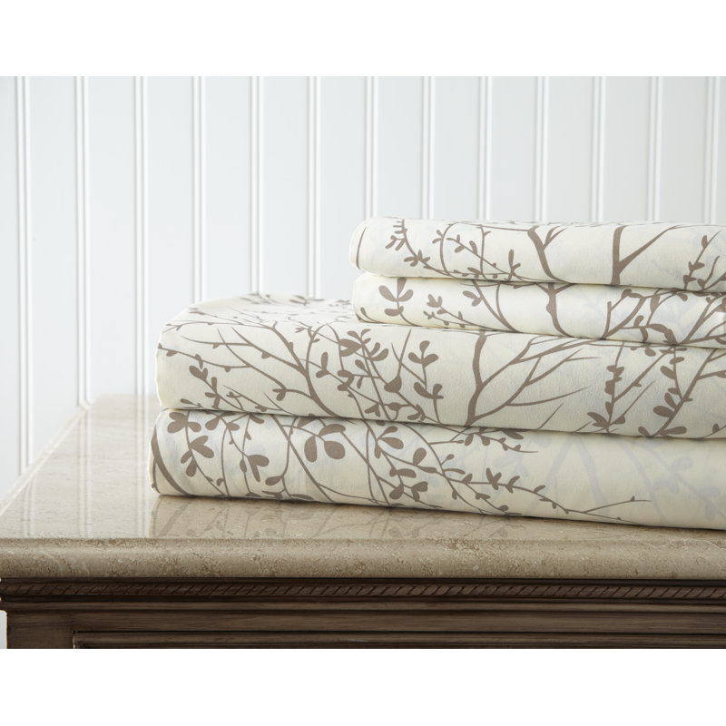 Microfiber Floral Sheet Set, King Sheet Set + 1 Fitted Sheet + 2 Pillowcases, White/Taupe