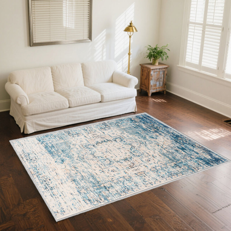 Tapis rectangulaire bleu et blanc Chezare Tapis lavable, pliable et antidérapant pour le salon  , Rectangle 6 pi x 9 pi