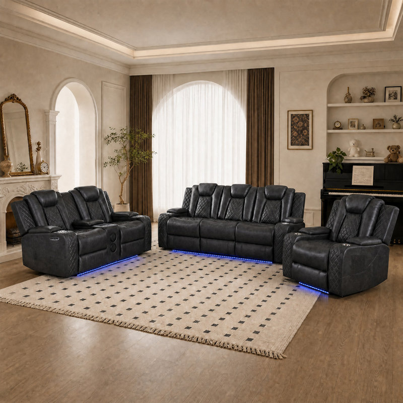 Ensemble de canapé cinéma maison inclinable électrique 3 pièces (fauteuil, causeuse et canapé) - Similicuir avec technologie intelligente et éclairage ambiant