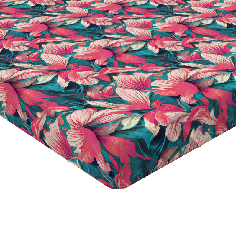 Drap-housse Ambesonne, Vert fougère / motif floral rose pâle, Drap-housse de taille très grand