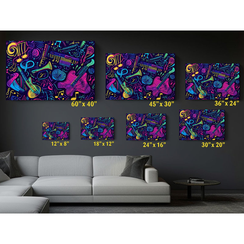 Reproduction d'art sur toile de haute qualité - Doodle coloré d'instruments de musique - Art mural - Cadeau - Décoration murale, reproduction d'art