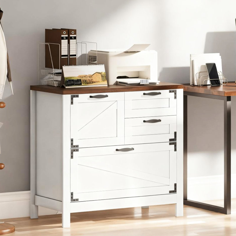 Classeur latéral avec quatre tiroirs pour le rangement de dossiers de format lettre / A4 / légal, mouvement de tiroir silencieux, plateau de table épais de 0,98 po et décorations noires rustiques
