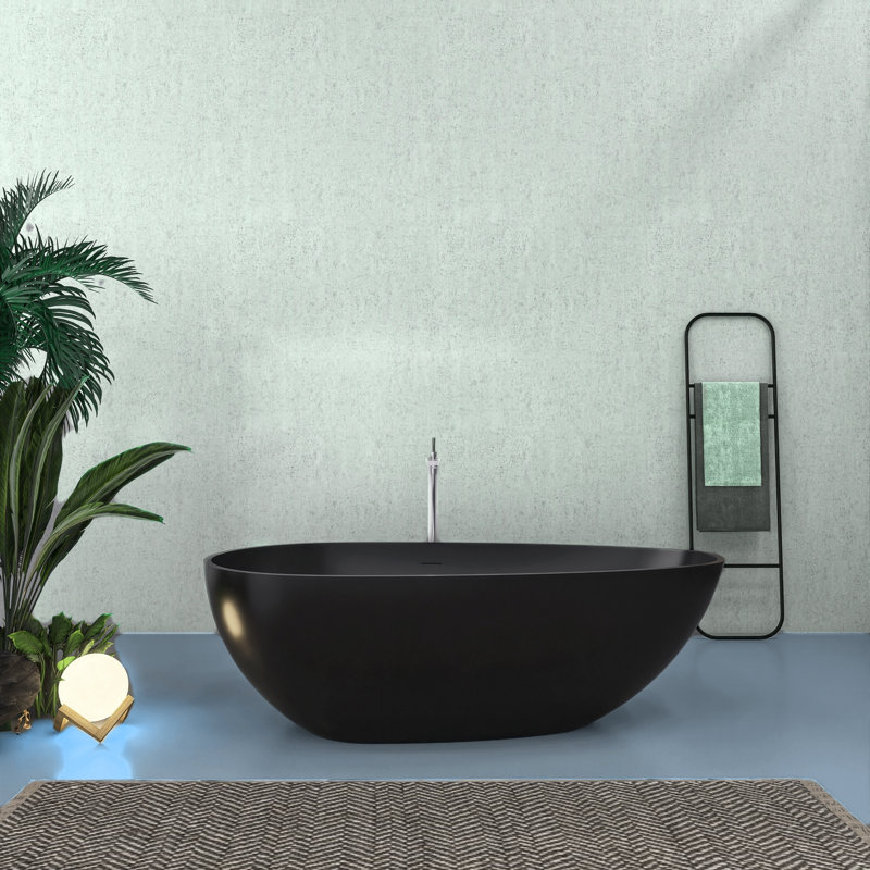 Baignoire de trempage autoportante à surface solide de 66,9 po - Design ovale noir mat, salle de bain contemporaine, installation facile