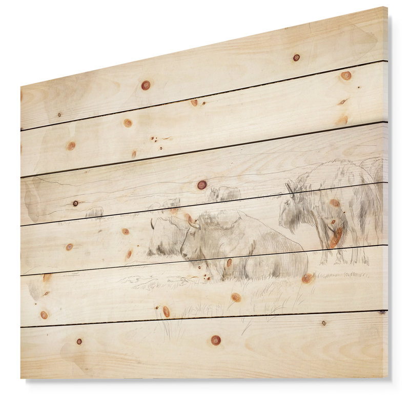 Troupeau de bisons sauvages-impression de dessin, H 15 po x l 20 po x P 1 po, Bois