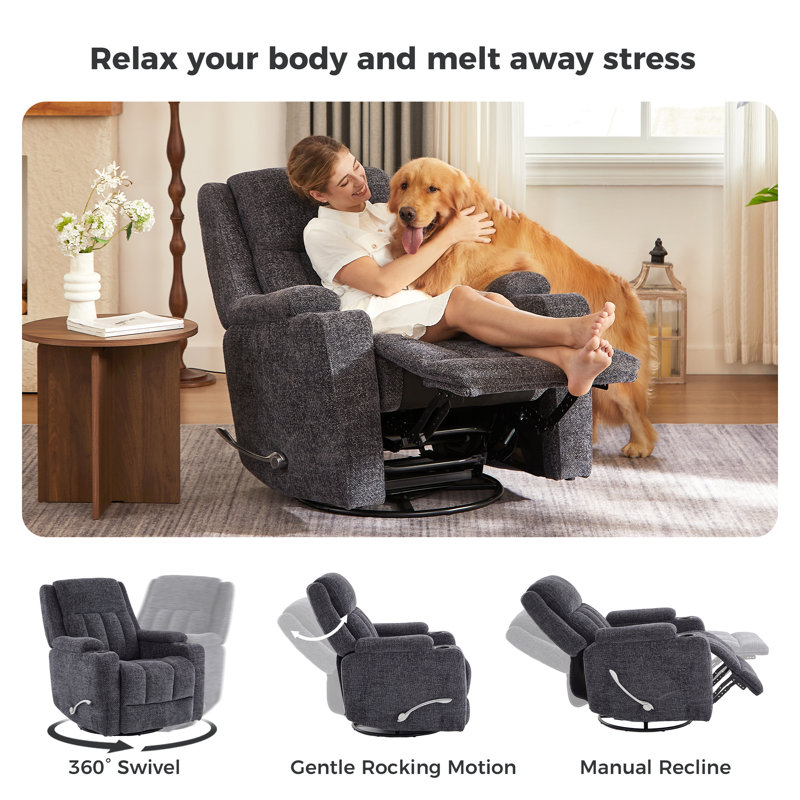 34“ Wide Manual Swivel Rocker Recliner Chair with Dual Stainless Steel Cup Holders