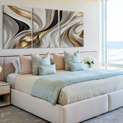 3 Pieces Exculisive White Black and Gold Sculptural Ribbon Large Wall Art Luxe Panorama, Modern Canvas Decor for Living Room, Bedroom, Office and Home