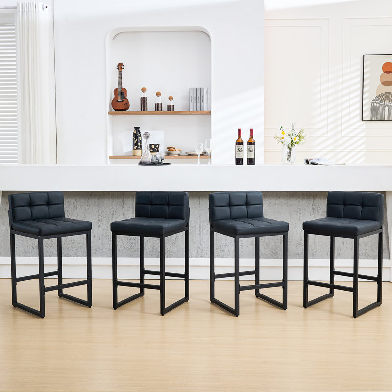 Tabouret de comptoir rembourré à dossier bas avec structure en métal épaissie pour îlot de cuisine, Noir, 4