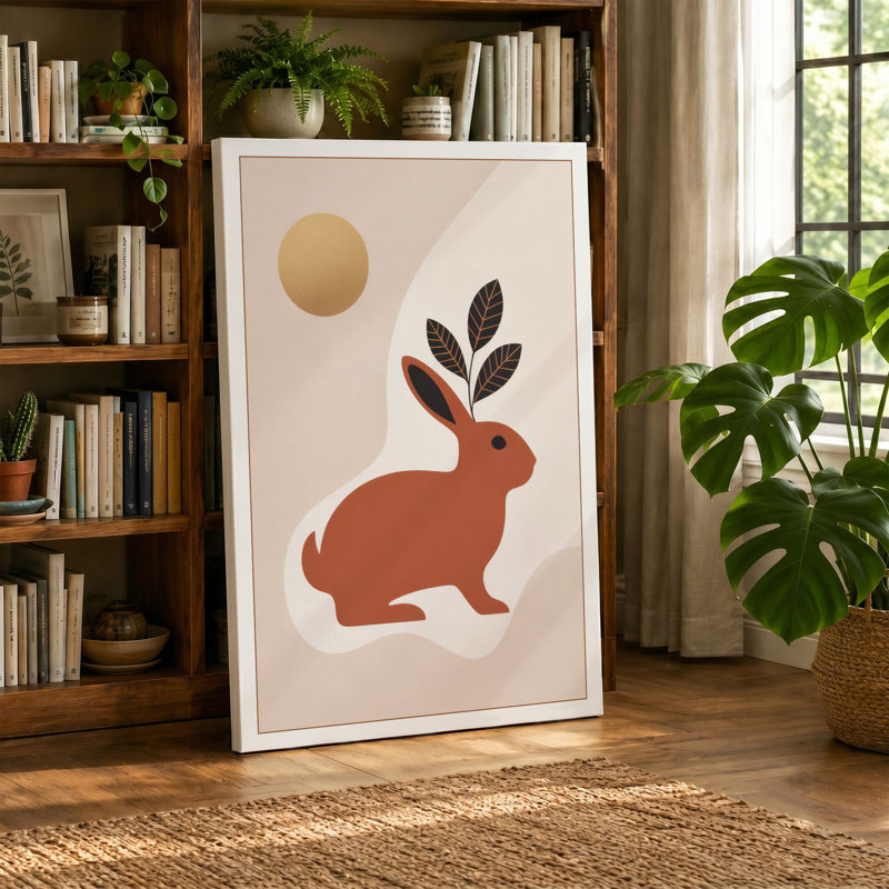 Rabbit and Moon Minimalist - Wrapped Canvas, Black Border, 18x12 - 45.7 x 30.5 cm