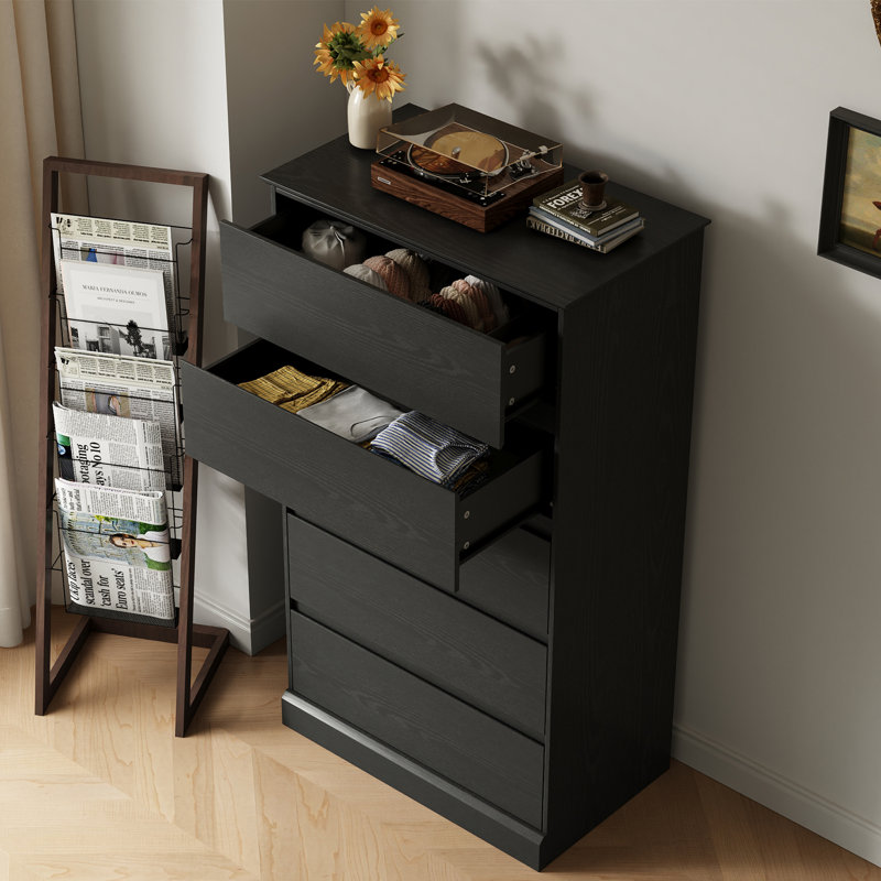 5 Drawer Bedroom Dresser 27.6" W Wood Modern Drawer Dresser (Set Of 2), Black